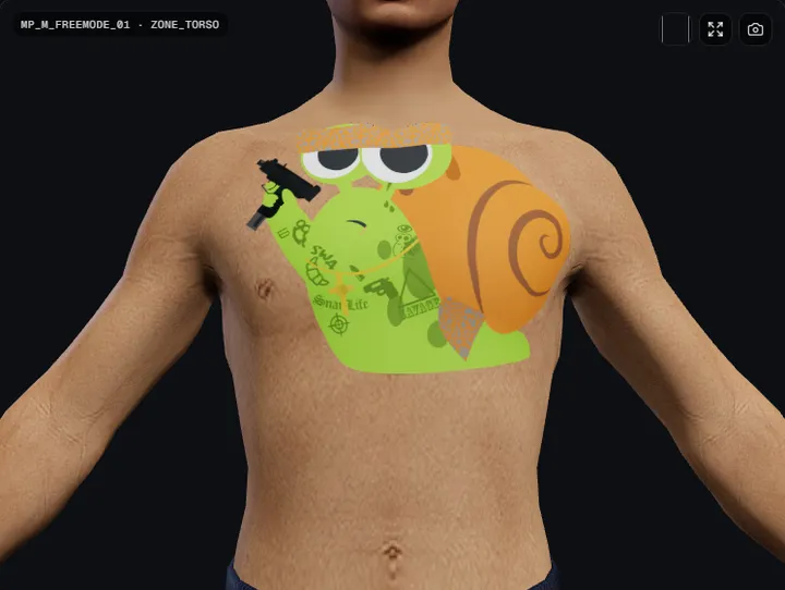 A tattoo placed on the chest of the freemode ped in the 3D Tattoo Editor